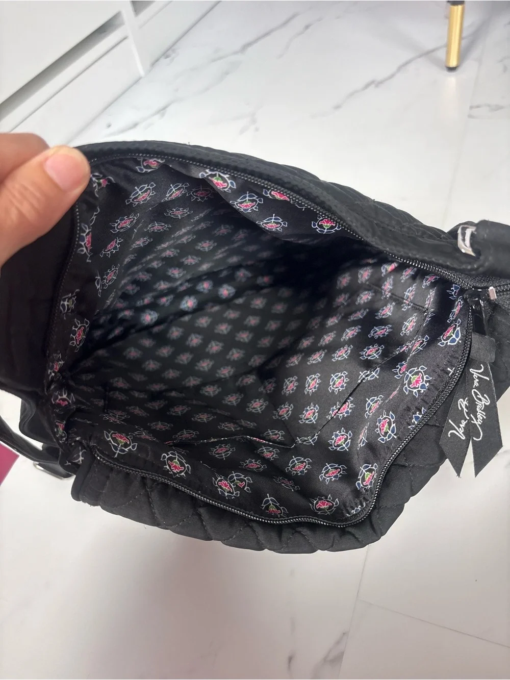 Vera Bradley Blooming Flowers Black Quilted Crossbody Messenger Travel Bag Purse
